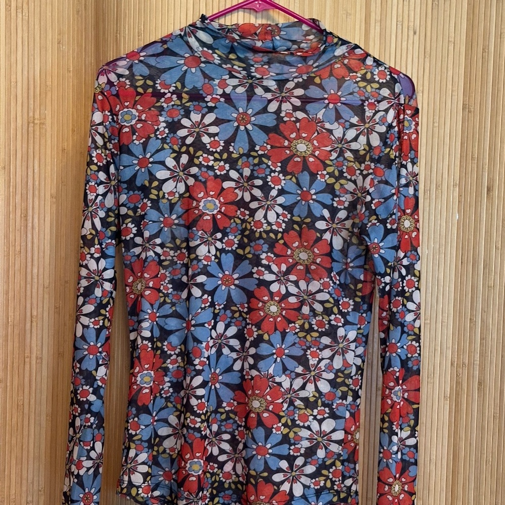 Wray 70s Floral Long-Sleeve Mesh Mockneck Top